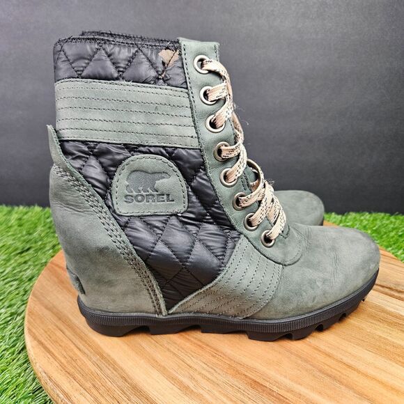 Sorel Lexie Boots Womens Green 6.5 Wedge Heel Lace Up Ankle Boots NL3375-026 - Picture 1 of 12